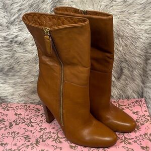 Coach Women's Caramel Leather Mid-Calf Zip Heel Boots
